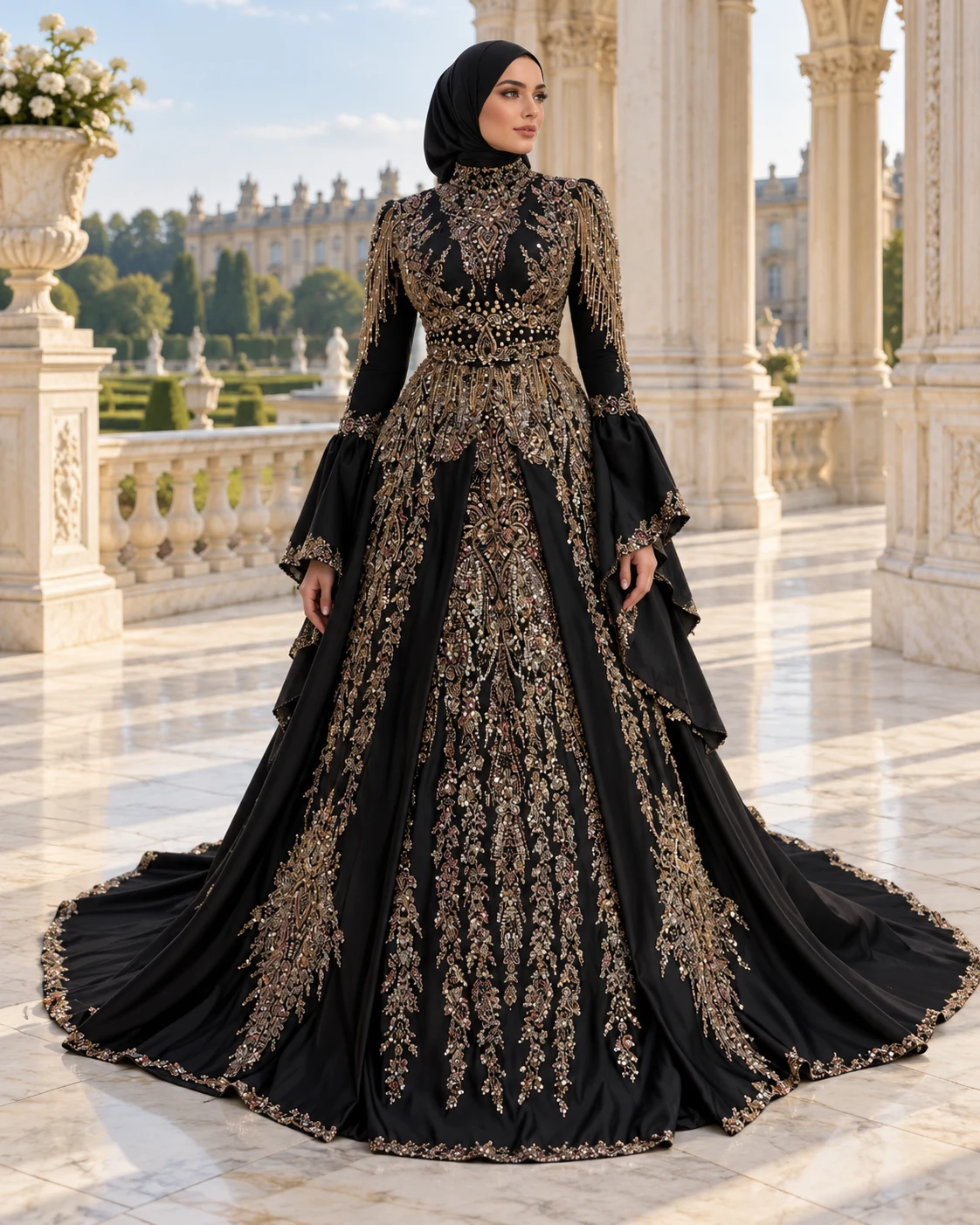 Black and gold embroidered occasion gown